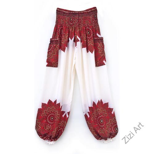 női, nadrág, viszkóz, bő, piros, ekrü, fehér, virág, mandala,  bordűr, mintás, trend, kényelmes, szellős,  bohém, jázmin, Thaiföld