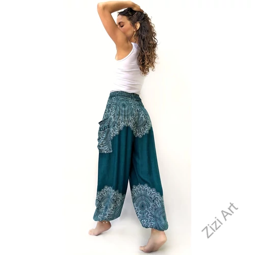 női, divat, zöld, fehér, mandala,  bordűrminta, mintás, bő, viszkóz, nadrág, színes, trend, kényelmes, szellős, egyedi, extravagáns, különleges, bohém, jázmin, Thaiföld, nagy méret, extra méretezés, plus size