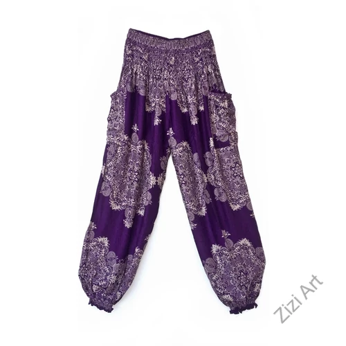 bő, nadrág, jázmin, mandala, mintás, viszkóz, lila, bézs, trend, kényelmes, szellős, egyedi, extravagáns, bohém, Thaiföld, nagy méret, extra méretezés, plus size