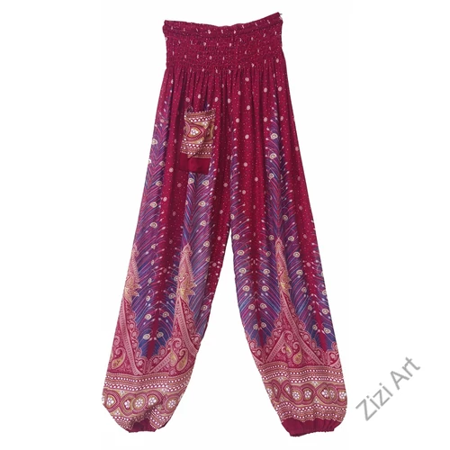 női, divat, azúr, bordó, pink, bő, viszkóz, nadrág, levél, pávatoll, élénk, színes, trend, kényelmes, szellős, egyedi, extravagáns, különleges, bohém, jázmin, Thaiföld