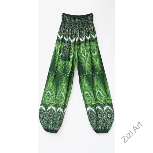 női, divat, bő, viszkóz, nadrág, pávatoll, mandala, színes, zöld, mintás, trend, kényelmes, szellős, egyedi, extravagáns, különleges, bohém, jázmin, Thaiföld, nagy méret, extra méretezés, plus size