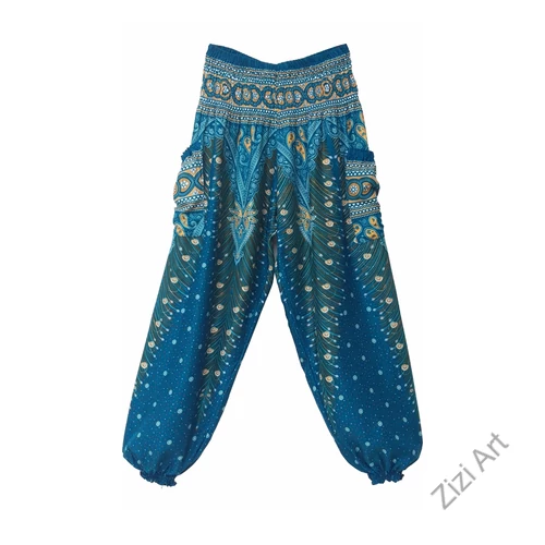 női, divat, türkiz, zöld, bő, viszkóz, nadrág, levél, pávatoll, élénk, színes, trend, kényelmes, szellős, egyedi, extravagáns, különleges, bohém, jázmin, Thaiföld