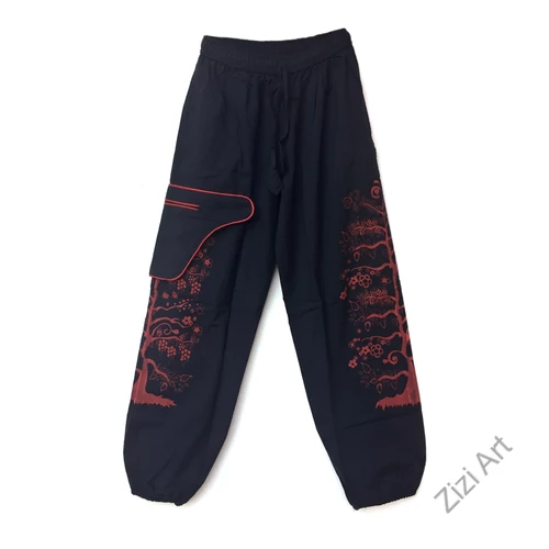 unisex, pamut, jázmin, nadrág, zsebes, életfa, mintás, fekete, mályva, bő, kényelmes, egyedi, extravagáns, bohém, hippi, goás, Nepál, női, divat