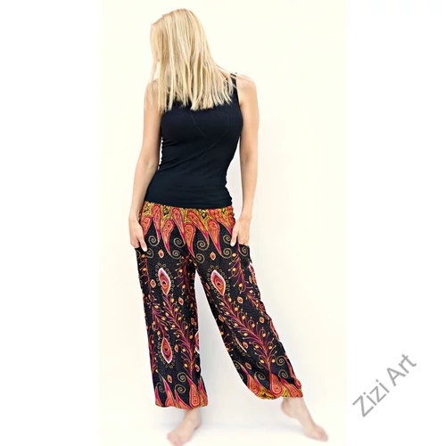 női, divat, nadrág, pávatollas, élénk, színes, fekete, pink, sárga, trend, kényelmes, bő, szellős, viszkóz, egyedi, extravagáns, különleges, bohém, jázmin, Thaiföld