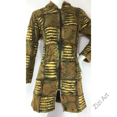 barna. keki, zöld, sárga, mandala, mintás, hosszú, kardigán, pulóver, Nepál, meleg, polár, bélelt, thermo, manó, kapucni, egzotikus, cipzár, ősz, tél, egyedi, vidám