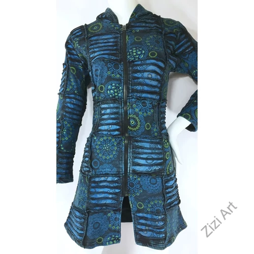 kék, kiwi, zöld, mandala, mintás, hosszú, kardigán, pulóver, Nepál, meleg, polár, bélelt, thermo, manó, kapucni, egzotikus, cipzár, ősz, tél, egyedi, vidám