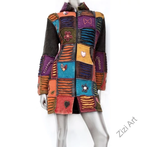 hosszú, kardigán, pulóver, virág, patchwork, mintás, kék, lila, barna, zöld, narancs, Nepál, egzotikus, meleg, polár, bélelt, thermo, manó, kapucni, cipzár, ősz, tél, egyedi, vidám