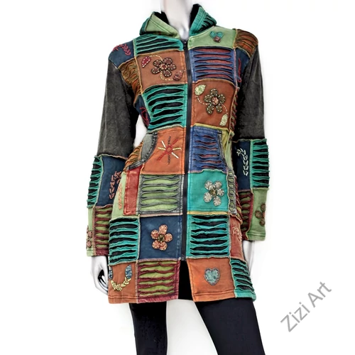 hosszú, kardigán, pulóver, virág, patchwork, mintás, kék, barna, zöld, narancs, szürke, Nepál, egzotikus, meleg, polár, bélelt, thermo, manó, kapucni, cipzár, ősz, tél, egyedi, vidám