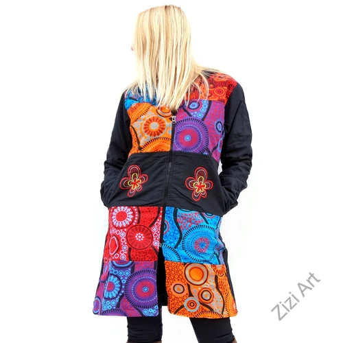 piros, kék, narancs, lila, mandalás, fekete, patchwork, mintás, betétes, színes, meleg, közép hosszú, hosszított, hímzett, pamut, pamutszövet, pamut, kabát, polár, bélelt, tél, ősz, elegáns, egyedi, cipzár, Nepál, kapucni, egzotikus, különleges