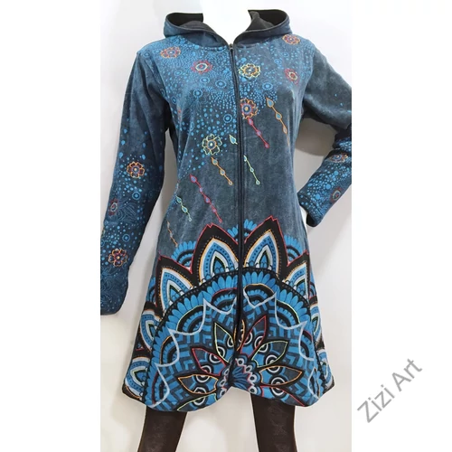 kék, szürke, hosszú, zsebes, kardigán, pulóver, mandala, virág, színes, Nepál, egzotikus, meleg, polár, bélelt, thermo, manó, kapucni, cipzár, ősz, tél, egyedi, vidám