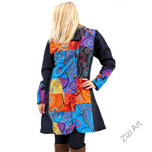 piros, kék, narancs, lila, mandalás, fekete, patchwork, mintás, betétes, színes, meleg, közép hosszú, hosszított, hímzett, pamut, pamutszövet, pamut, kabát, polár, bélelt, tél, ősz, elegáns, egyedi, cipzár, Nepál, kapucni, egzotikus, különleges, red, blue