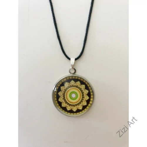 kerek, mandala-virág, antiallergén, fém, nyaklánc, medál, barna, sárga, zöld, ezüst színű, női, kiegészítő, divat, trend, bohém, extravagáns, egyedi, egzotikus, domború