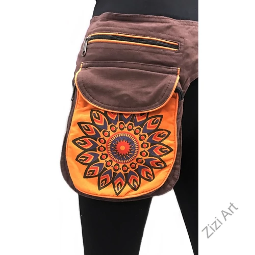 övtáska, egyedi, pamut, textil, táska, virág, mandala, mintás, színes, barna, narancs, kiegészítő, trend. női, férfi divat