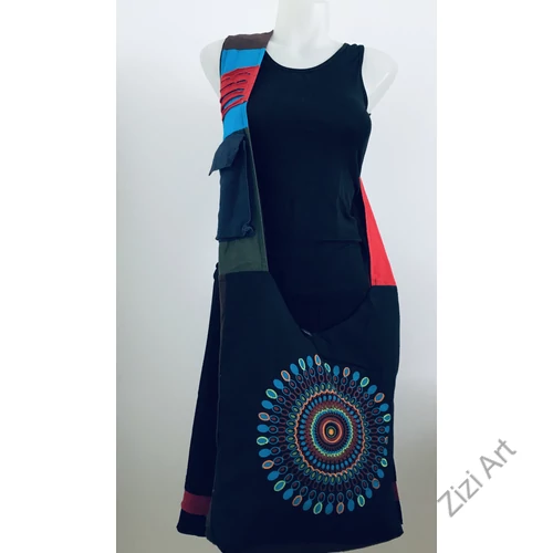 pamut, kék, narancs, barna, színes, textil, mandalás, válltáska, egyedi, női, kiegészítő, divat, trend