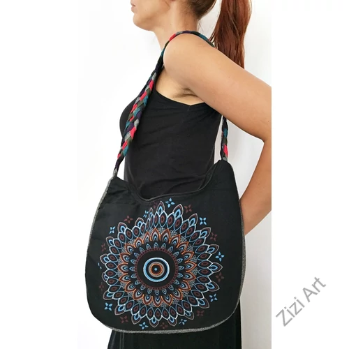 pamut, fekete, színes, textil, táska, fonott, válltáska, bordó, zöld, kék, fekete, szürke, lila, mandala, kör, virág