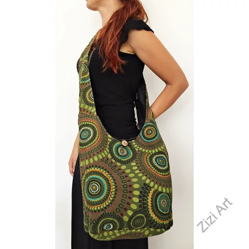 pamut, keki, zöld, színes, textil, mandalás, válltáska, egyedi, női, kiegészítő, divat, trend