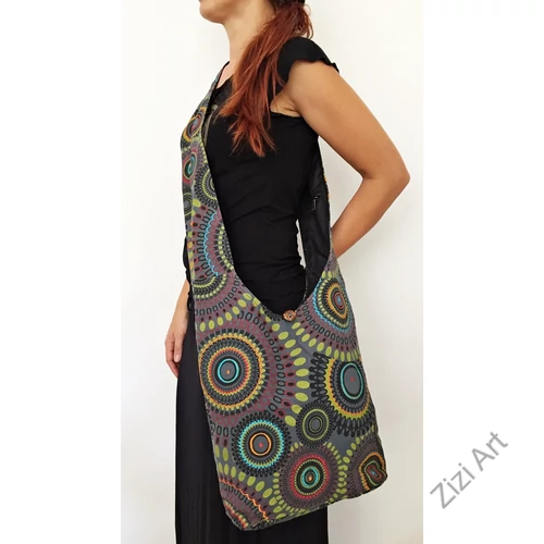 pamut, szürke, keki, zöld, kék, narancs, színes, textil, mandalás, válltáska, egyedi, női, kiegészítő, divat, trend