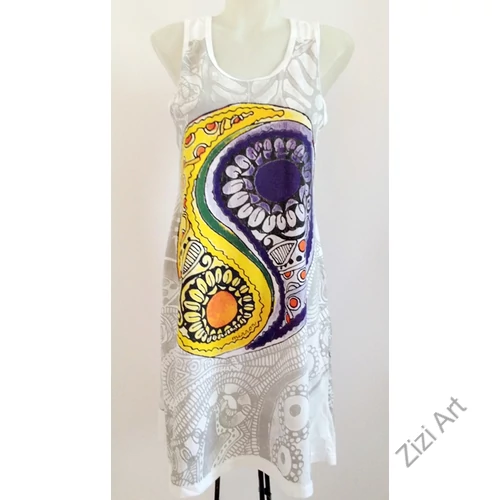 színes, yin, yang, fehér, szürke, sárga, lila, sárga, mandala, mintás, pamut, póló, ruha, női, egyedi, bohém, mandala, csakrák, ohm, om, elefánt, jóga, virág, levél, jel, keleti, indiai, thaiföld, extravagáns, különleges, divat, trend