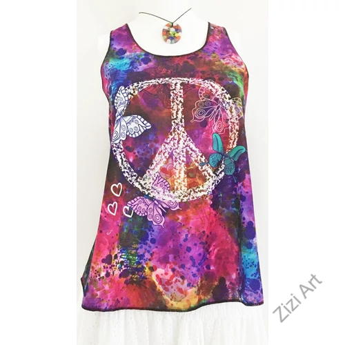 lila, színes, kék, pink, peace jel, mintás, ujjatlan, pamut, felső, női, divat, trend, nyári, sportos, elegáns, bohém, extravagáns