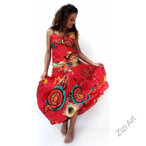 piros, színes, virágos, pamut, puffos, zsebes, hosszú, ruha, spagettipántos, nyár, egyedi, egzotikus, női, divat, trend, webshop