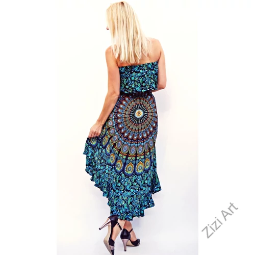 mandalás, kék, kiwi, zöld, fekete, viszkóz, hosszú, fodros, pánt nélküli, ruha, Indonéz, free size, bő, színes, körös, spagetti, nyak, megkötős, pántos, gumírozott, szellős, könnyű, különleges, női, divat, trend, webshop