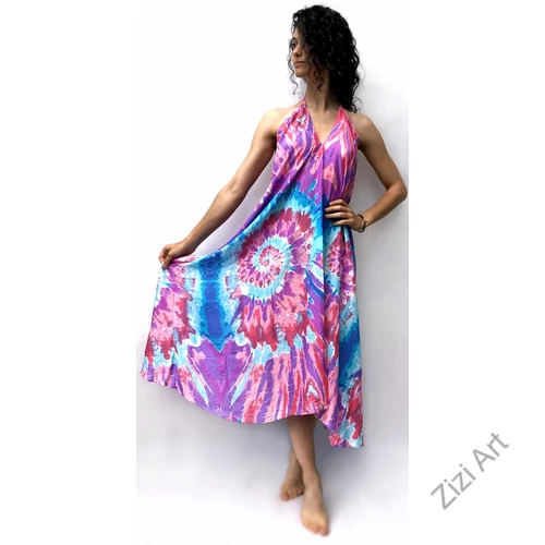 hosszú, ruha, nyakpántos, batik, mintás, azúr, pink, lila, kék, bő, szellős, női, divat, nyári, trend, Thaiföld, webshop