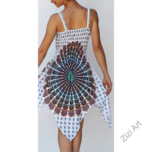 cikk-cakk, midi, ruha, fehér, színes, mandala mintás, ujjatlan, vidám, bohém, hippi, laza, női, divat, trend