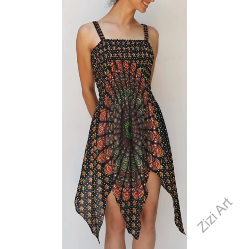 cikk-cakk, midi, ruha, zöld, narancs, fekete, színes, mandala mintás, ujjatlan, vidám, bohém, hippi, laza, női, divat, trend