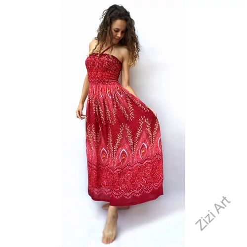hosszú, bő, viszkóz, ruha, piros, krém, pávatoll, mintás, megkötős, szellős, könnyű, női, divat, Thaiföld, trend, webshop