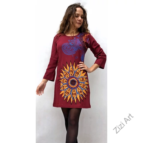 vastag, bordó, pamut, ruha, tunika, háromnegyedes, ujjú, virág, mandala, mintás, nepáli, egzotikus, egyedi, női, divat, bohém, trend
