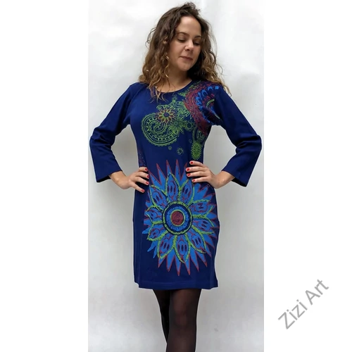 vastag, kék, pamut, ruha, tunika, háromnegyedes, ujjú, virág, mandala, mintás, nepáli, egzotikus, egyedi, női, divat, bohém, trend