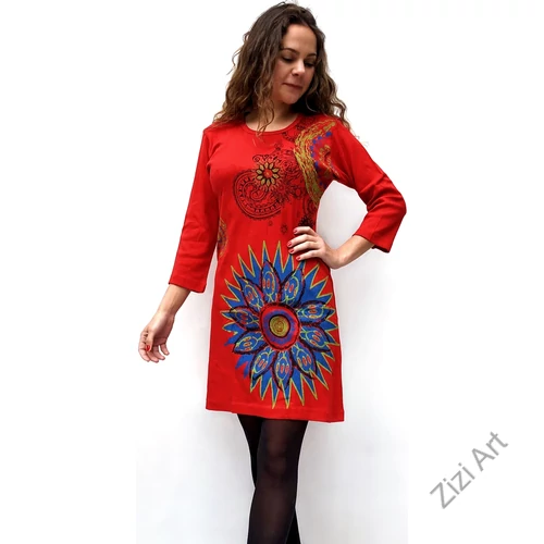 vastag, piros, pamut, ruha, tunika, háromnegyedes, ujjú, virág, mandala, mintás, nepáli, egzotikus, egyedi, női, divat, bohém, trend