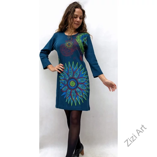 vastag, türkiz, kék, pamut, ruha, tunika, háromnegyedes, ujjú, virág, mandala, mintás, nepáli, egzotikus, egyedi, női, divat, bohém, trend