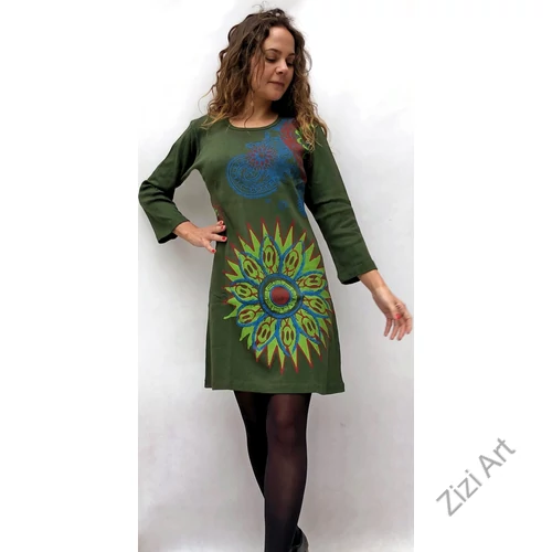 vastag, zöld, pamut, ruha, tunika, háromnegyedes, ujjú, virág, mandala, mintás, nepáli, egzotikus, egyedi, női, divat, bohém, trend