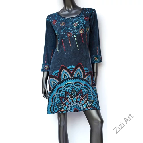 vastag, kék, pamut, ruha, tunika, háromnegyedes, ujjú, virág, mandala, mintás, nepáli, egzotikus, egyedi, női, divat, bohém, trend