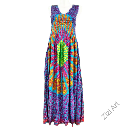 hosszú, viszkóz, ujjatlan, ruha, bő, színes, mandala, pávatoll, mintás, szellős, női, divat, trend, webshop, kék, zöld, fekete, narancs, pink, sárga, lila, piros, barna 