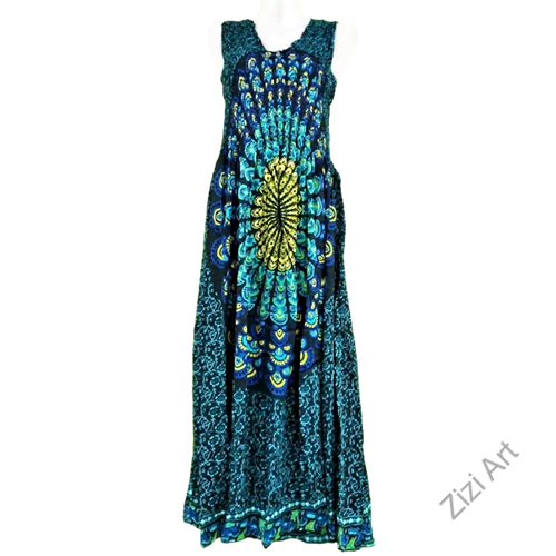 hosszú, viszkóz, ujjatlan, ruha, bő, színes, mandala, pávatoll, mintás, szellős, női, divat, trend, webshop, kék, zöld, fekete, narancs, pink, sárga, lila, piros, barna 