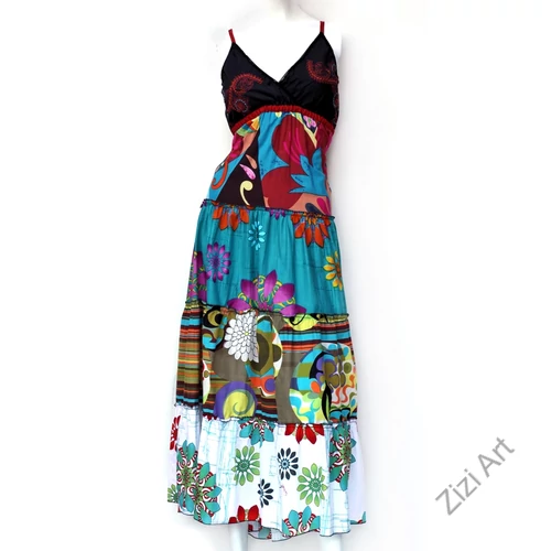 maxi, hosszú, pamut, ruha, ujjatlan, spagettipántos, patchwork, fűzős, türkiz, kék, zöld, fekete, piros fehér, Nepál, szellős, könnyű, különleges, női, divat, nyári, trend, webshop