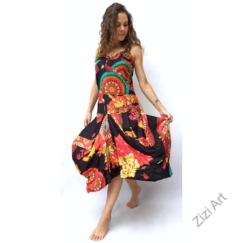 fekete, színes, mandala, virág, pamut, puffos, zsebes, hosszú, ruha, spagettipántos, nyár, egyedi, egzotikus, női, divat, trend, webshop