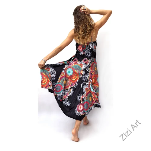 fekete, színes, mandala, pamut, puffos, zsebes, hosszú, ruha, spagettipántos, nyár, egyedi, egzotikus, női, divat, trend, webshop