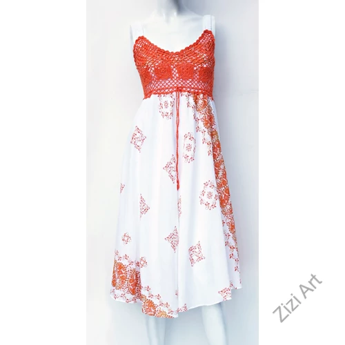 fehér, narancs, midi, ruha, pamut, ujjatlan, pántos, levél, mintás, barna, arany, Thaiföld, bő, színes, szellős, könnyű, különleges, női, divat, nyári, trend, webshop