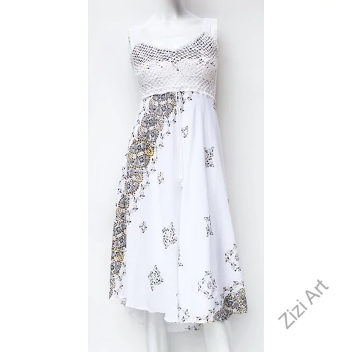fehér, midi, ruha, pamut, ujjatlan, pántos, levél, mintás, szürke, arany, sárga, Thaiföld, bő, színes, szellős, könnyű, különleges, női, divat, nyári, trend, webshop