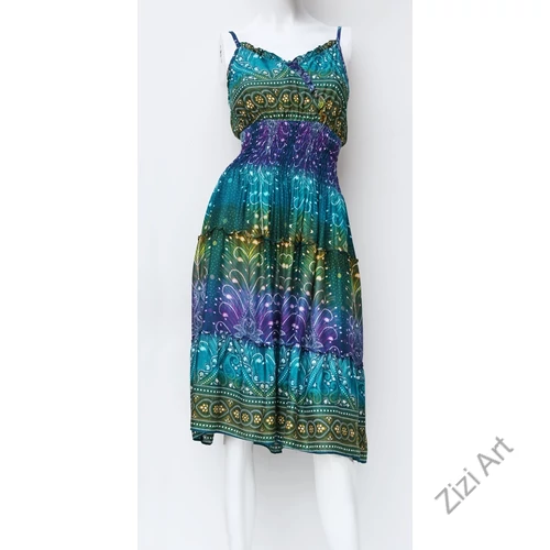 szivárvány, térd, ruha, midi, azúr, lila, zöld, kék, viszkóz, ujjatlan, spagettipántos, virág, pávatoll, mintás, Thaiföld, bő, színes, szellős, könnyű, különleges, női, divat, nyári, trend, webshop