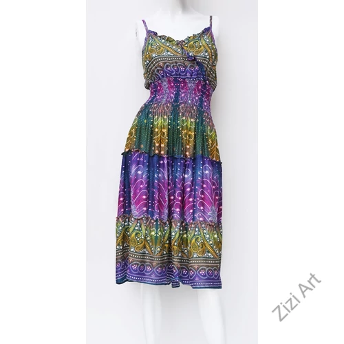 szivárvány, térd, ruha, midi, lila, pink. zöld, kék, viszkóz, ujjatlan, spagettipántos, virág, pávatoll, mintás, Thaiföld, bő, színes, szellős, könnyű, különleges, női, divat, nyári, trend, webshop