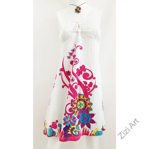 fehér, színes, pink, rózsaszín, kék, sárga, virágos, ujjatlan, pamut, ruha, tunika, női, divat, ruházat, trend, India, egzotikus, egyedi, különleges, bohém, extravagáns, elegáns