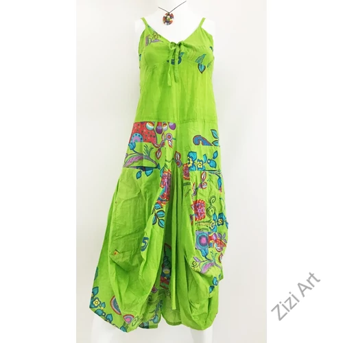 kiwi, zöld, színes, virágos, pamut, puffos, zsebes, hosszú, ruha, spagettipántos, nyár, egyedi, egzotikus, női, divat, trend, webshop