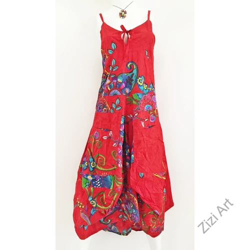 piros, színes, virágos, pamut, puffos, zsebes, hosszú, ruha, spagettipántos, nyár, egyedi, egzotikus, női, divat, trend, webshop