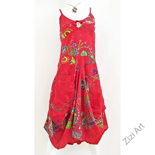 piros, színes, virágos, pamut, puffos, zsebes, hosszú, ruha, spagettipántos, nyár, egyedi, egzotikus, női, divat, trend, webshop