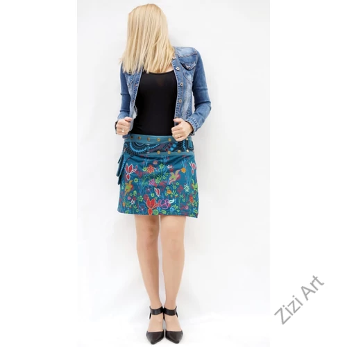 pamut, kék, pillangó, mintás, színes, mini, szoknya, hímzett, oldalzsebes, bohém, egyedi, extravagáns, női, divat, trend