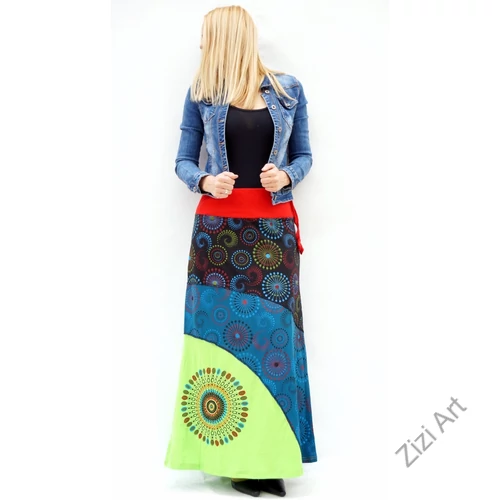 piros, fekete, zöld, kiwi, kék, színes, mandalás, hosszú, A-vonalú, pamut, szoknya, női, divat, trend, extravagáns, hippi, bohém